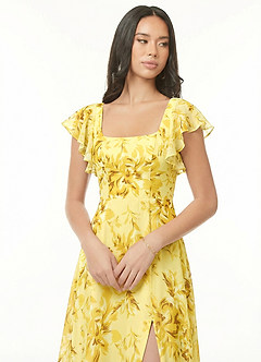 Azazie Bondi Vestidos de madrinha de casamento Vestido Sorvete De Limão Floresce Floral de Chiffon de Linha A com Franzido image6