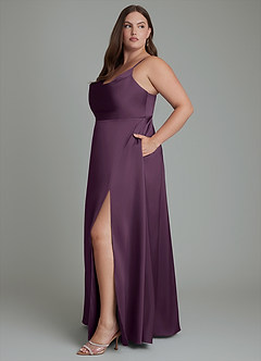 Azazie Sarella Bridesmaid Dresses Plum A-Line Pleated Stretch Satin Dress image11
