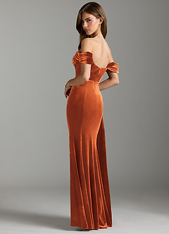 Azazie Amyra Bridesmaid Dresses Burnt Orange Sheath Off the Shoulder Velvet Convertible Dress image9