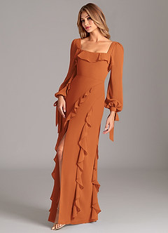 Azazie Malia Bridesmaid Dresses Cinnamon A-Line Long Sleeve Chiffon Dress image3