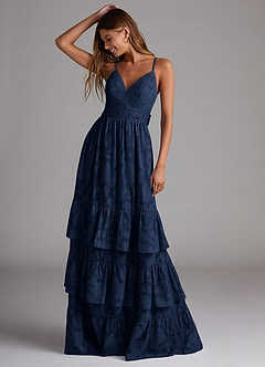 Azazie Nathalia Bridesmaid Dresses Dark Navy A-Line Bow Floral Burnout Dress image1