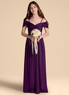 Azazie Kaitlynn Junior Grape A-Line Off the Shoulder Stretch Satin Dress image4