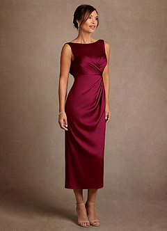 Azazie Mazhe 신부의 어머니 드레스 A라인 주름진 스트레치 새틴 티 길이 드레스 image4