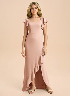 Azazie Demi Junior Vestido de Oro Rosa de Satén Elástico de Corte Sirena con Lazo image6