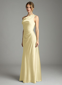 Azazie Emerson Bridesmaid Dresses Lemon Sorbet Mermaid Off the Shoulder Stretch Satin Dress image4