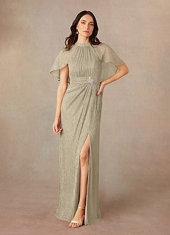 Azazie Draga Mother of the Bride Dresses Champagne Gold Sheath Pleated Metallic Mesh Dress image1