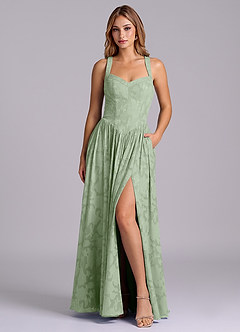 Azazie Francis Robes de demoiselle d'honneur Robe Trapèze en Blumen-Burnout Corset Vert Sauge image1