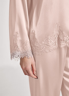 front Satin Lace Trim Long Sleeve Pajama Set