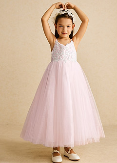Azazie Buttercup Robe Demoiselle D'honneur Fillette Robe Trapèze en Tulle Dentelle Ivoire Rose Rougissant image4