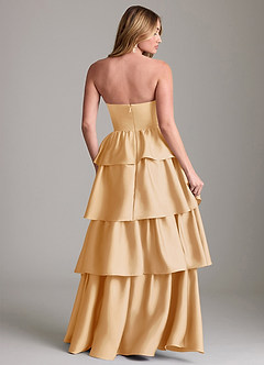 Azazie Faye Bridesmaid Dresses Gold A-Line Ruched Stretch Satin Dress image2