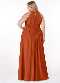 Azazie Bonnie Robes de demoiselle d'honneur Robe Trapèze en Mousseline de soie Trou de serrure froncé Orange Brûlée image7