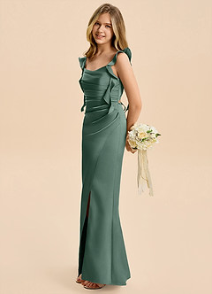 Azazie Jessamine Junior Eucalyptus A-Line Ruched Stretch Satin Dress image7