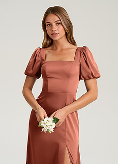 Azazie Fyona Vestidos de damas de honor Vestido de Arcilla de Satén Elástico de Corte en A con Plisado image12
