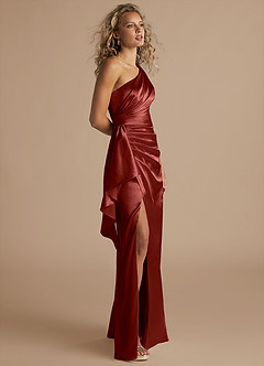 Azazie Maive Bridesmaid Dresses Terracotta Sheath Ruched Metallic Satin Dress image4