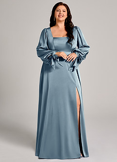 Azazie Leonia Robes de demoiselle d'honneur Robe Trapèze en Satin extensible Manche longue Bleu Poussiéreux image12