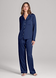 front Matching Color Long Sleeves and Pants Satin PJ Set