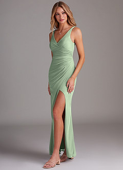 Azazie Leandra Bridesmaid Dresses Dusty Sage Mermaid V-Neck Pleated Mesh Dress image3