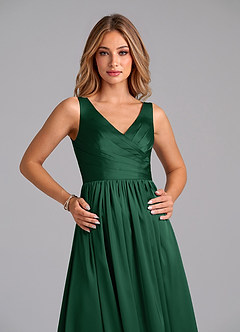 Azazie Keyla Bridesmaid Dresses Dark Green A-Line Pleated Stretch Satin Dress image3