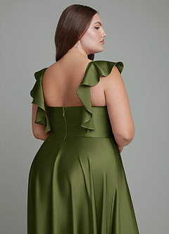 Azazie Leilani Bridesmaid Dresses Olive A-Line Ruched Stretch Satin Dress image7