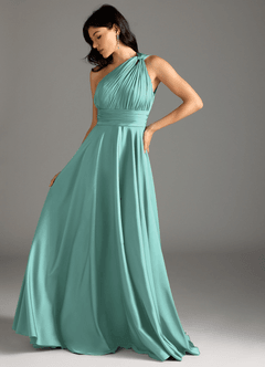 Azazie Charlize Bridesmaid Dresses Aqua A-Line One Shoulder Stretch Satin Dress image5