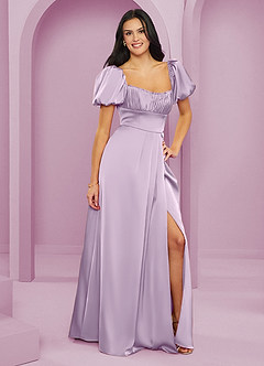 Barbie ♥ Azazie Bridesmaid Dresses Frosted Lilac A-Line Ruched Stretch Satin Dress image4