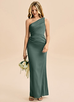 Azazie Akilah Junior Vestido Musgo Marinho de Cetim elástico de Bainha com Plissado image3