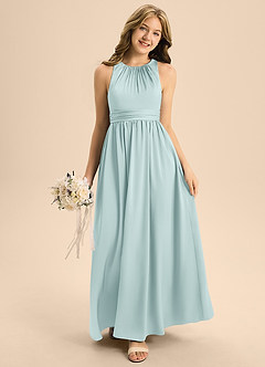 Azazie Jaylah Junior Mist A-Line Pleated Stretch Satin Dress image3
