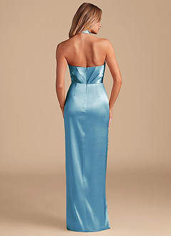 Azazie Zaya Bridesmaid Dresses Steel Blue Sheath Pleated Metallic Satin Dress image7