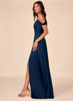Azazie Ocean Bridesmaid Dresses Dark Navy A-Line V-Neck Pleated Stretch Satin Dress image3