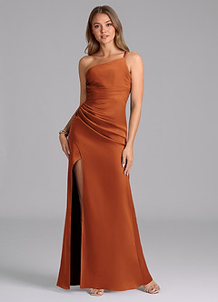 Azazie Eren Robes de demoiselle d'honneur Robe Sirène en Satin extensible Ue épaule Cannelle image1