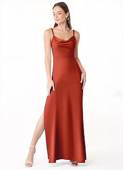 Azazie Alaija Bridesmaid Dresses Rust Mermaid Side Slit Stretch Satin Dress image2