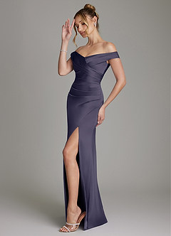 Azazie Teyana Bridesmaid Dresses Stormy Sheath Off the Shoulder Stretch Satin Dress image5