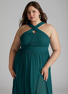 Azazie Hillian Bridesmaid Dresses Peacock A-Line Halter Pleated Mesh Dress image13