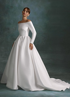 Azazie Cerese Wedding Dresses Diamond White Ball-Gown Off the Shoulder Mikado Dress image4