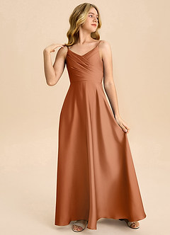 Azazie Bug Junior Abito A-Line in Raso Elasticizzato Plissettato Rame image4