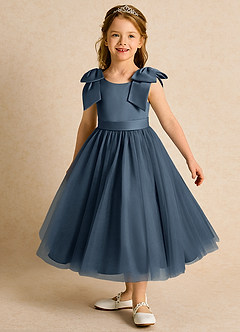 Azazie Serene Abiti da Ragazza di Fiori Abito Principessa in Raso Opaco Fiocco Blu Nettuno image1