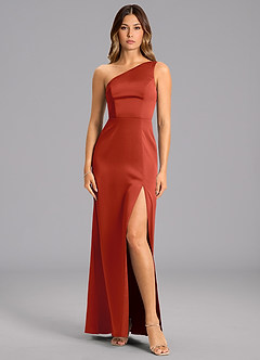 Azazie Phaedra Bridesmaid Dresses Rust A-Line One Shoulder Stretch Satin Dress image1