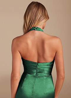 Azazie Jemma Bridesmaid Dresses Dark Green Sheath Pleated Metallic Satin Dress image2