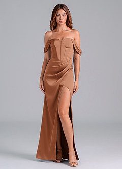 Azazie Asha Jurken voor bruidsmeisjes Converteerbaar Jurk van Stretch Satijn met Kolom Off the Shoulder Bronzeertint image1