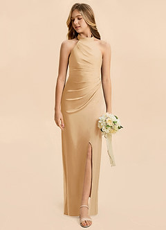 Azazie Jemma Junior Vestido de Oro de Satén Elástico de Corte en A con Volante image3