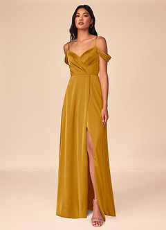 Azazie Ocean Bridesmaid Dresses Butterscotch A-Line V-Neck Pleated Stretch Satin Dress image1