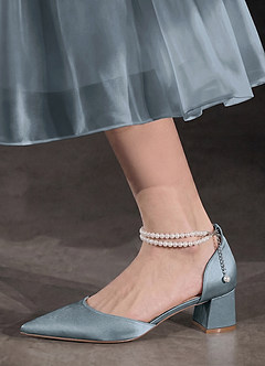 front Matching Color Metallic Satin Pearl Strap Pointed Toe Block Heels