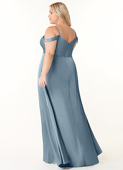 Azazie Ocean Bridesmaid Dresses Dusty Blue A-Line V-Neck Pleated Stretch Satin Dress image4