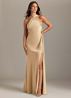 Azazie Kinsley Bridesmaid Dresses Champagne Mermaid Side Slit Stretch Satin Dress image1