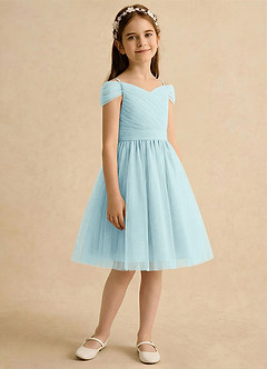 Azazie Lila Girls Formal Robe Demoiselle D'honneur Fillette Robe Trapèze en Tulle Épaule décolletée Verre De Mer image5