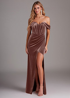 Azazie Jas Bridesmaid Dresses Espresso Sheath Off-The-Shoulder Corset Velvet Convertible Dress image1