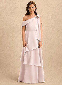 Azazie Shyloh Girls Formal Flower Girl Dresses Blushing Pink A-Line Off the Shoulder Stretch Satin Dress image1