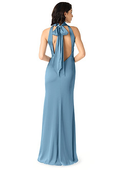 Azazie x Delaney Bridesmaid Dresses Steel Blue Sheath High Neck Stretch Satin Dress image4