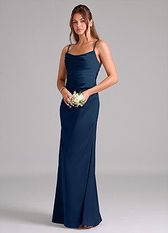 Azazie Lucille Vestidos de damas de honor Vestido de Azul Marino Oscuro de Satén Elástico de Corte Sirena Convertible con Sin tirantes image3