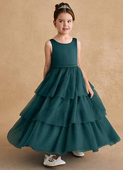 Azazie Megallie Flower Girl Dresses Pine A-Line Bow Tulle Dress image3